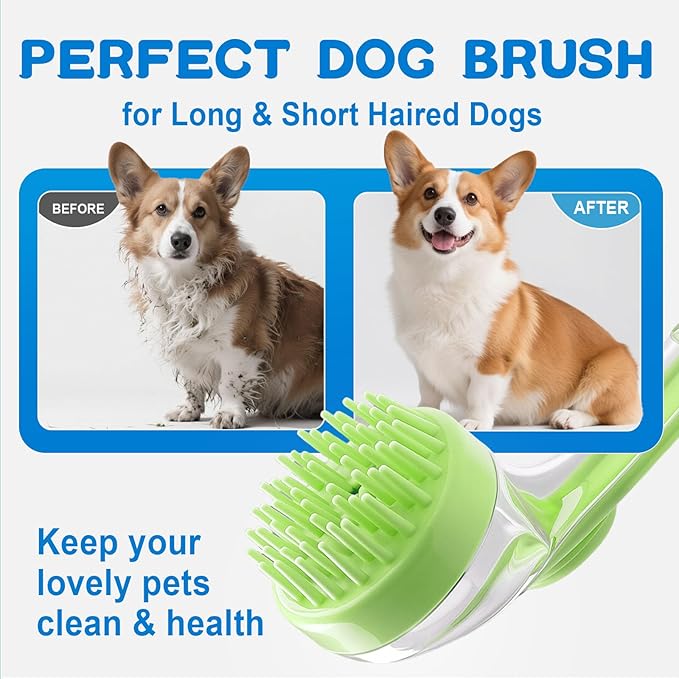 Dog Bath Brush, Silicone Pet Bath Brush with Soap Dispenser,Deep Cleansing & Gentle Massage for Dogs & Cats, Suitable for Long & Short Hair, Easy Grip, Bathing & Grooming(Green)