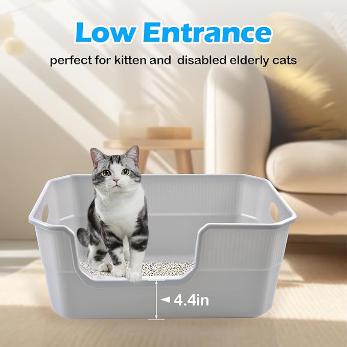 Large Open Cat Litter Box Low Entry,High Sided Cat Litter Pan Anti-Splashing Plastic Kitty Box Grey Kitten Pan with High Wall Easy Clean