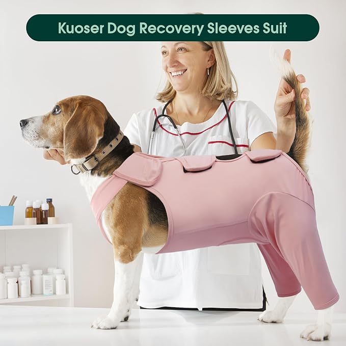 Kuoser Thigh Wound Protective Sleeve for Dogs, Dog Surgery Recovery Suit for Rear Legs, Dog Recovery Sleeve for Female Male Dogs, Dog Onesie After Surgery Pet Surgical Suit for Spay Neuter, Pink XS