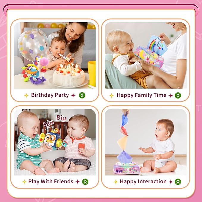 3 in1 Baby Toys 12 to 18 Months - Busy Board Sensory Toys, Tissue Box Toy, Pull String Teether, Learning Toy for Babies, Infant Gifts for 12 18 Months Old