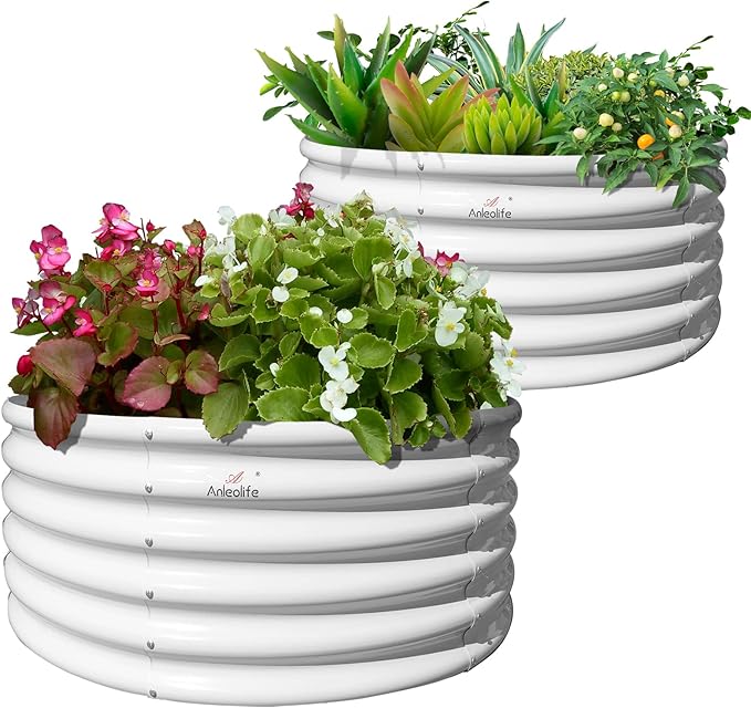 A ANLEOLIFE 2-Pack 4ft x 18” Tall Galvanized Raised Garden Beds Outdoor, Round Metal Planter Box for Planting Vegetables Flowers Herb, Anti-Rust & Easy-Setup, Antique White