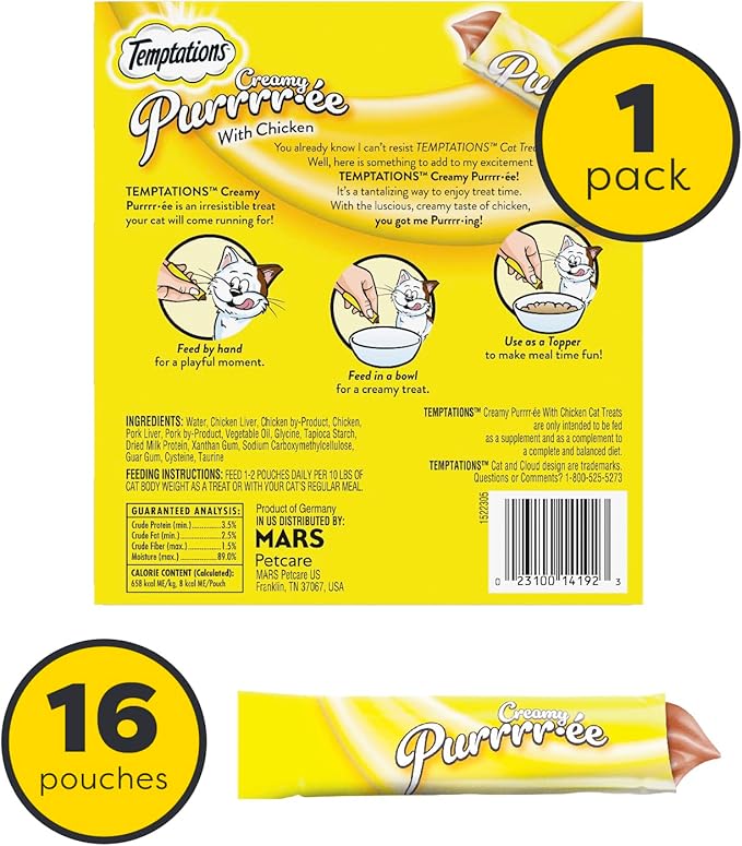 Temptations Creamy Puree Squeezable Lickable Wet Cat Treat with Chicken, 0.42 oz. Tubes, 16 Count