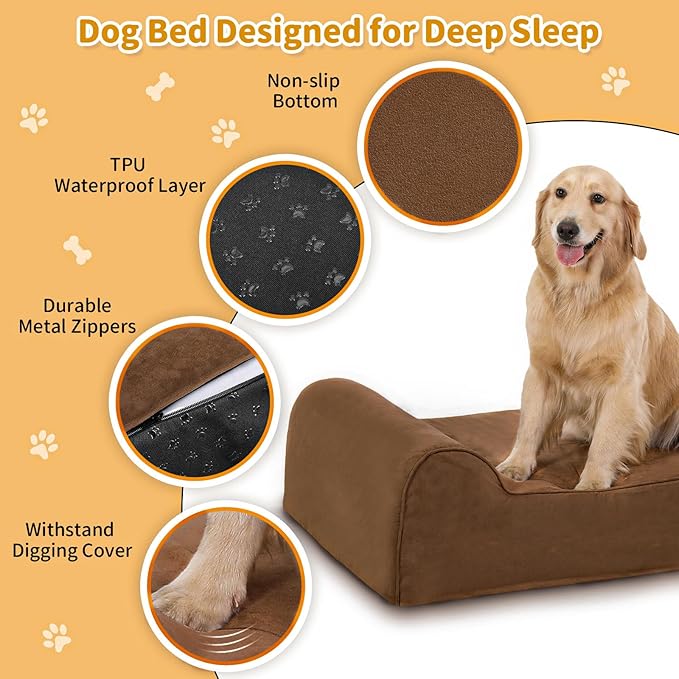 Orthopedic Dog Beds for Large Dogs, 7" Memory Foam Dog Beds with Waterproof Liner, Chew Proof Microsuede Cover, Removable and Washable, Nonskid Bottom, 52"x36" XL Brown