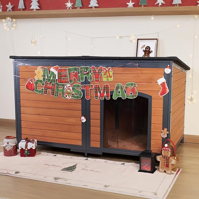 Extra Large Dog House Outdoor Weatherproof 59.1" Outside Wooden Dog Kennel, Chewproof Strong Iron Frame Window