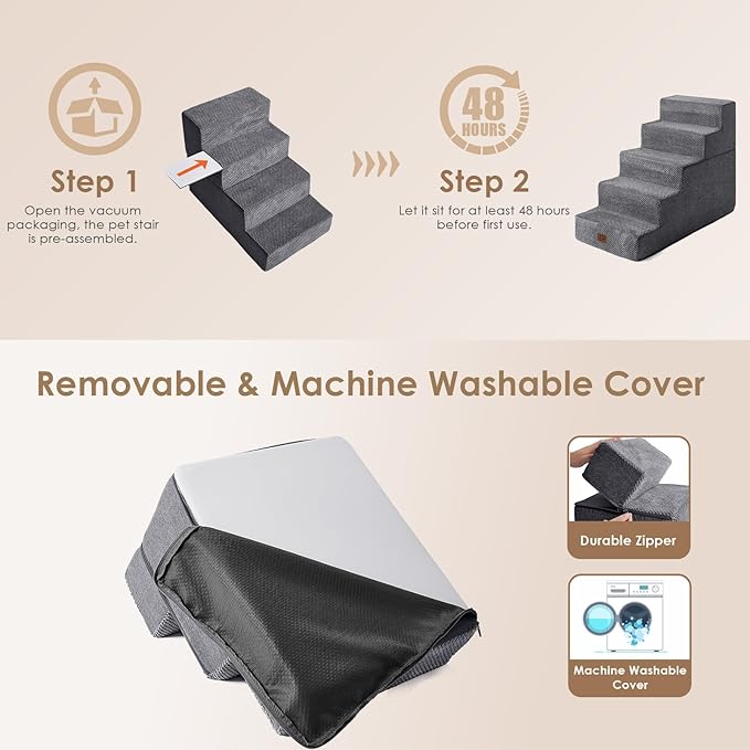 EHEYCIGA Dog Stairs for High Bed 22.5" H, 5-Step Dog Steps for Bed, Pet Steps for Small Dogs and Cats, Non-Slip Balanced Pet Ramp Indoor, Grey