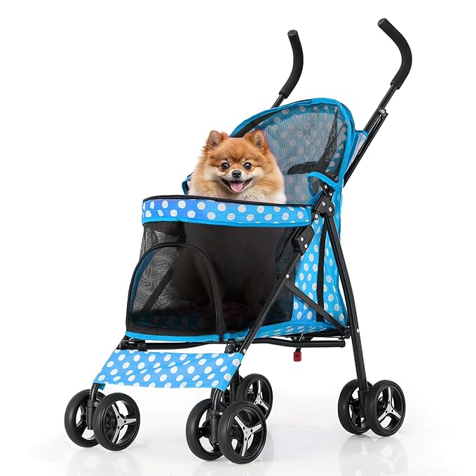 MoNiBloom 4 Wheels Pet Stroller, Easy-Fold Umbrella Shaped Dog Cat Jogger Stroller w/Storage Bag & Visible Mesh for Small/Medium Dogs Cats Sky Blue Polka Dots