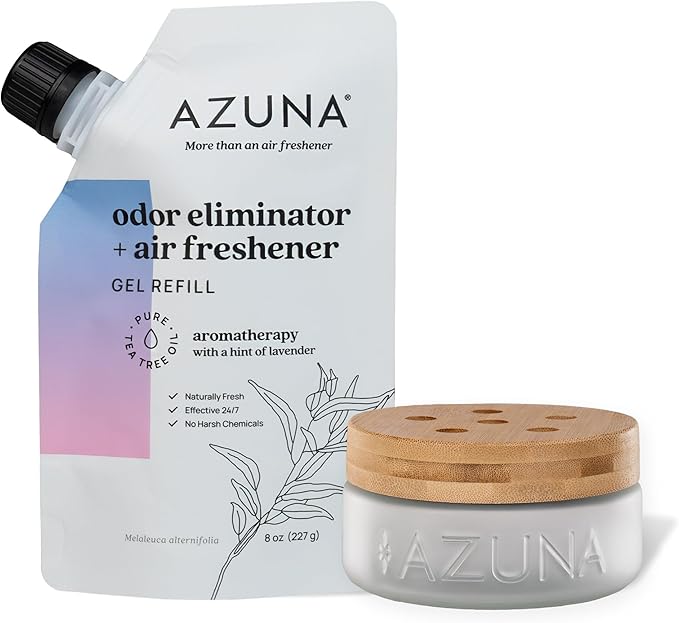 Azuna Air Freshener & Odor Eliminator for Strong Odor | 1 Room Kit Includes (1) Empty Luxe Glass Jar & 8oz Refill with Tea Tree Essential Oil Gel | Aromatherapy | Last 60-90 Days