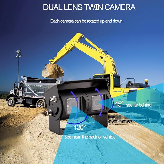 AHD 1080P 7" Reverse Rear View Backup Dual Twin Lens Camera System, Point Each Lens in a Different Direction, IR, Waterproof, 10G Vibration-Proof for Tractor/Truck/Camper/Caravan/Skid Steer/Harvester