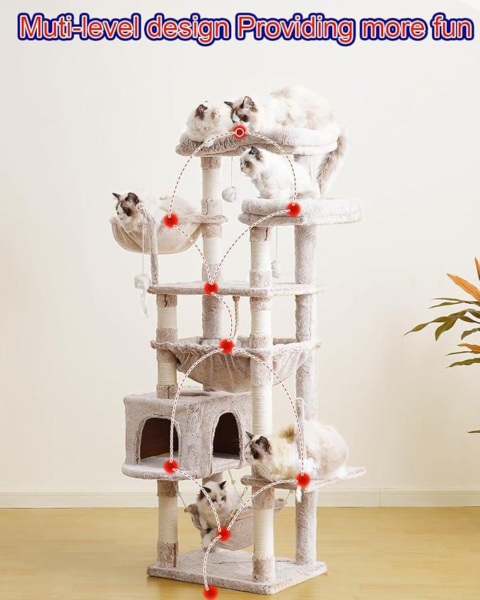 Cat Tree, Cat Tower for Large Cats with 2 Big Platforms, 2 Baskets, condo and Toys, 63" Cat Scratching Posts for Indoor Cats, Muchroom GCT020MU