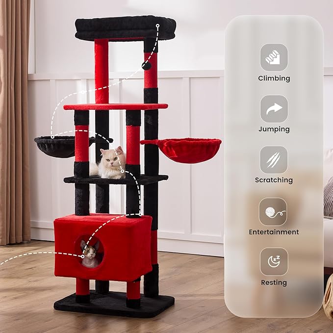 Gardner Pet 65in Heavy Duty Cat Tree Tower for Large Cats, Multi-Level Cat Furniture with Replaceable Sisal Scratching Post, Hammock | Extra-Large Platform & Condo (Black Red, Basic φ:2.84")