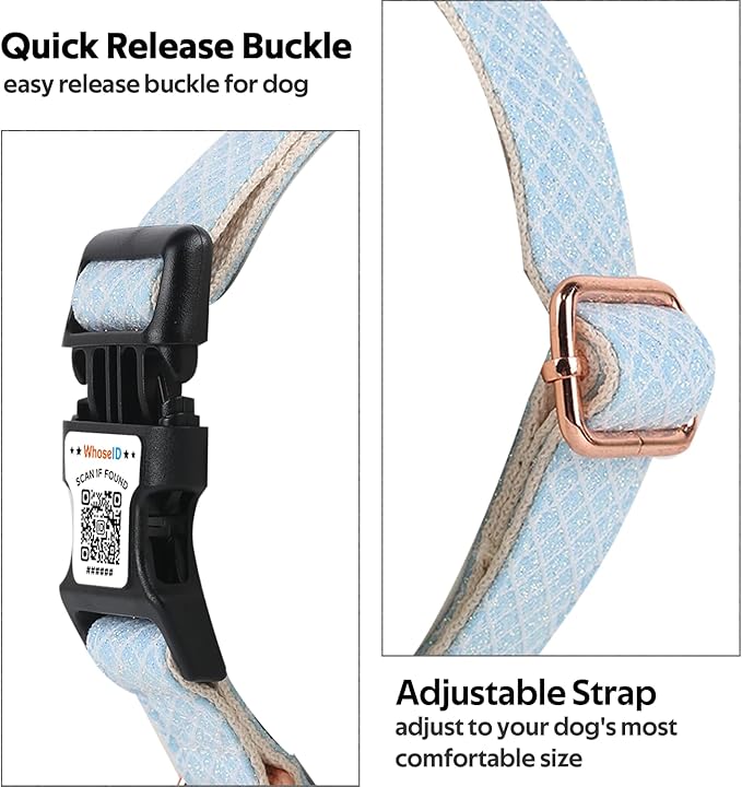 Dog Collar with Waterproof AirTag Holder & Anti-Lost QR Code, Cute Bling Warpping Adjustable Width for Small Medium Large Pet (Light Blue, L)