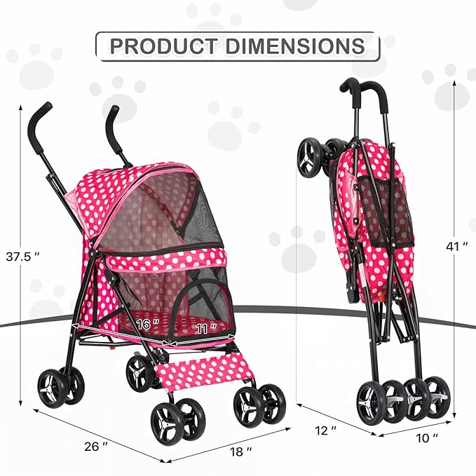 MoNiBloom 4 Wheels Pet Stroller, Easy-Fold Umbrella Shaped Dog Cat Jogger Stroller w/Storage Bag & Visible Mesh for Small/Medium Dogs Cats Hot Pink Polka Dots