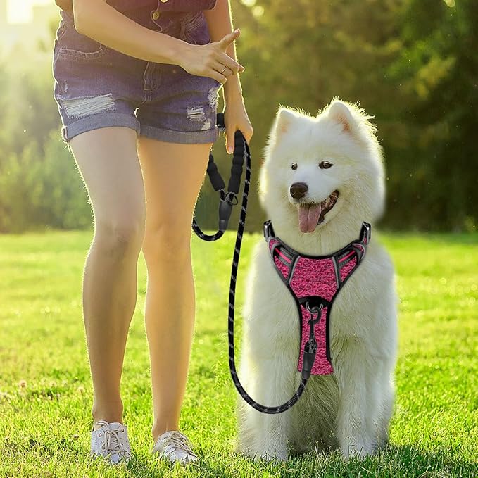 BARKBAY Dog Harness No Pull with ID Tag Pocket - Heavy Duty, Reflective, Easy Control for Large Dogs(Pink/Black,L)
