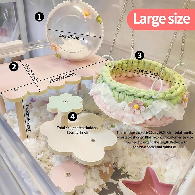 4-Pack Wooden Rat Cage Accessories - Platforms, Ladders & Hammocks Set for Chinchillas, Hamsters, Gerbils (for Iron/Wooden, Acrylic Hamster Cages + Customizable Layout) (11x6.7x5.5)