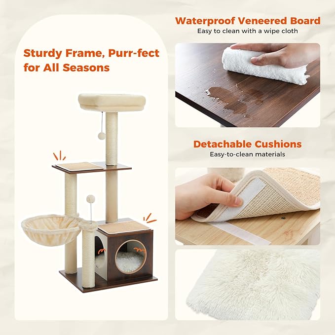 PEQULTI Modern Cat Tree for Indoor Cats,Multilevel Play House Cat Tower with Cat Condo, Scratching Post, Cozy Hammock and Plush Pompom, Brown