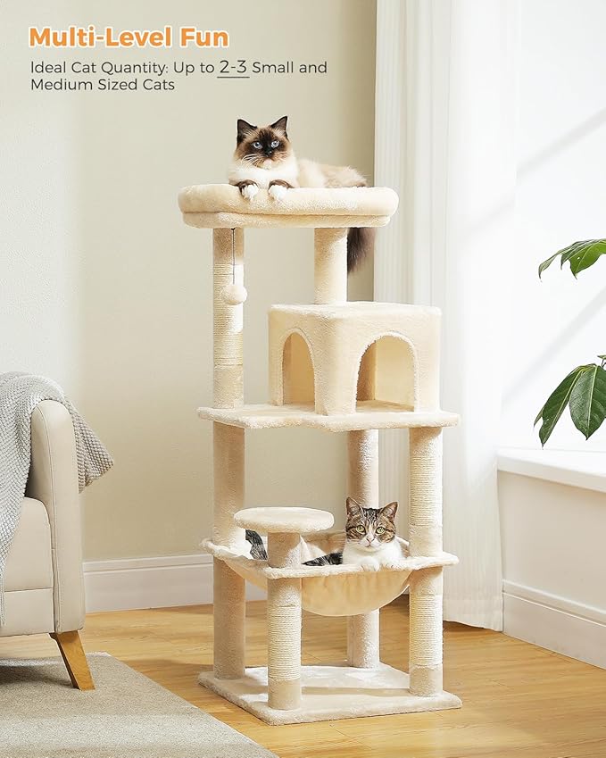 Cat Tree for Indoor Cats, 45.7" Multi-Level Cat Tower with Large Metal Frame Hammock, Cat Condo with 4 Scratching Posts and Top Perch for Small Medium Cat, Beige