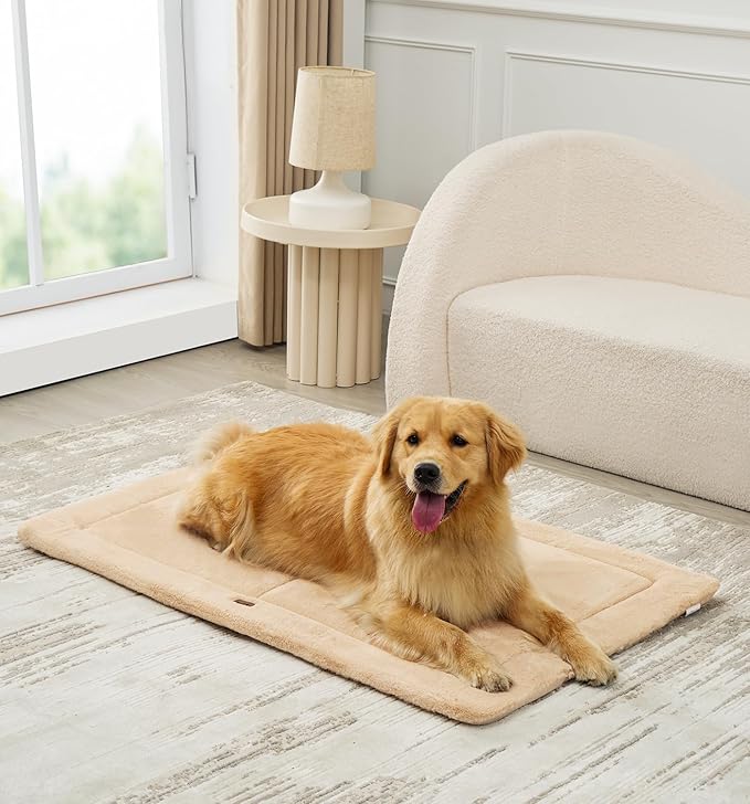 Made4Pets Dog Crate Pad Bed for Large Dogs, Washable & Reversible, Anti-Slip Kennel Mat for Cozy Sleeping, Soft Fluffy Dog Bed for Indoor & Outdoor Use, 44"x32", Khaki
