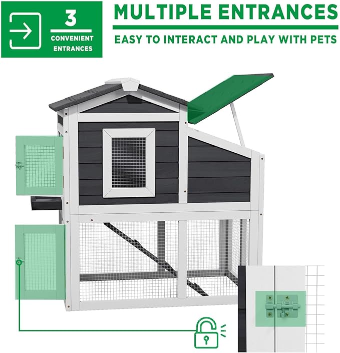 2 Story Rabbit Cage, Weatherproof Rabbit Hutch Indoor & Outdoor, Wooden Guinea Pig Cages with Removable Tray Openable Roof for Small to Medium Animals