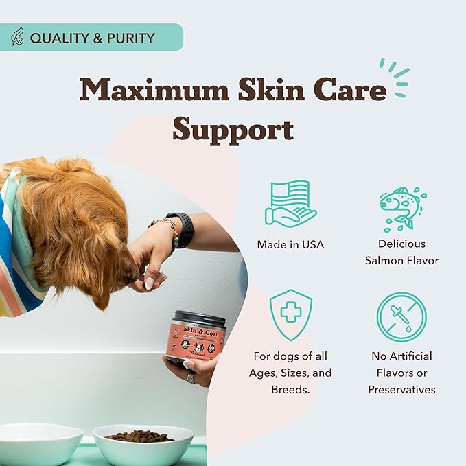 Natural Dog Company Omega Skin & Coat Chews, Vet Strength Supplement, Itchy Skin Relief, Moisture Balance & Coat Hydration, Biotin & Vitamin E, Dry Skin Care, Vet-Recommended, USA Made, 90 Ct