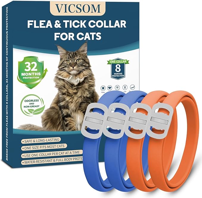 4 Pack Flea and Tick Collar for Cats, 32 Months Flea and Tick Treatment, Flea and Tick Prevention, Waterproof, Adjustable Flea and Tick Collar for Kittens, Blue & Orange