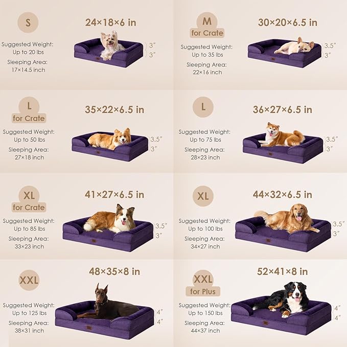 EHEYCIGA Orthopedic Dog Beds for Large Dogs, Waterproof Memory Foam Large Dog Bed with Sides, Non-Slip Bottom and Egg-Crate Foam Pet Couch Bed with Washable Removable Cover, Purple