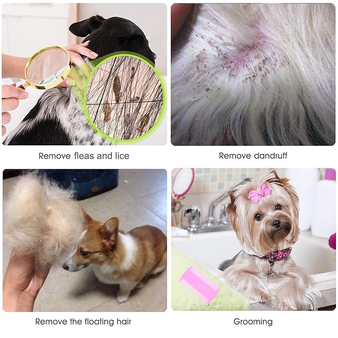 Flea Comb Lice Comb Cat Comb Dog Comb Pet Grooming Combs Tear Stain Remover Comb Remove Mucus Crust 2-in-1 Metal Round Smooth Teeth Comb Remove Floating Hair Tangles Dander (pink)