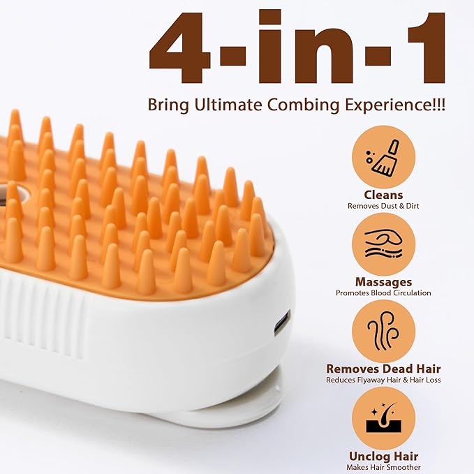4 in 1 Cat Steam Brush, Rechargeable Steam Brush for Cats and Dogs, Anti-Static Cat Spray Brushes, Massage, Cleaning, Shedding & Combing All In One! White