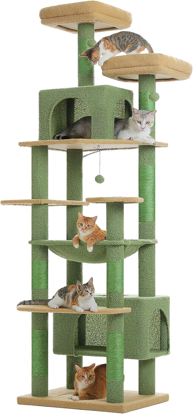 PAWZ Road Heavy Duty Cat Tree for Large Cats, 81 Inches Cactus Tall Cat Tower with 2 Perches, 2 Condos and Spacious Hammock, XL Extra Large Condo with 7 Scratching Posts for 20lb+ Adult Cats, Green