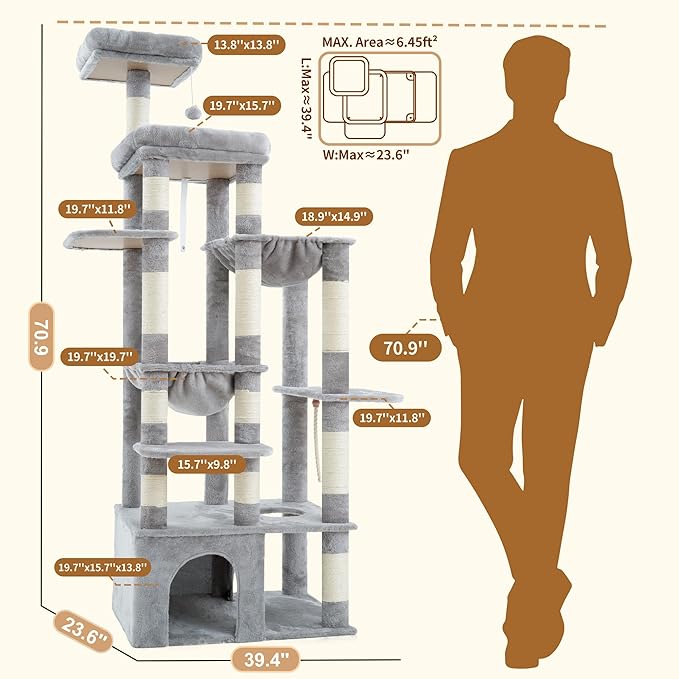 Heybly Heavy Duty Cat Tree, 71-Inch Tall Tower for Large Maine Coon with Extra-Large Baseboard, Cat Condo Furniture with Multi-Level Platforms, 2 Hammocks and 12 Scratching Posts, Light Gray HCT037W