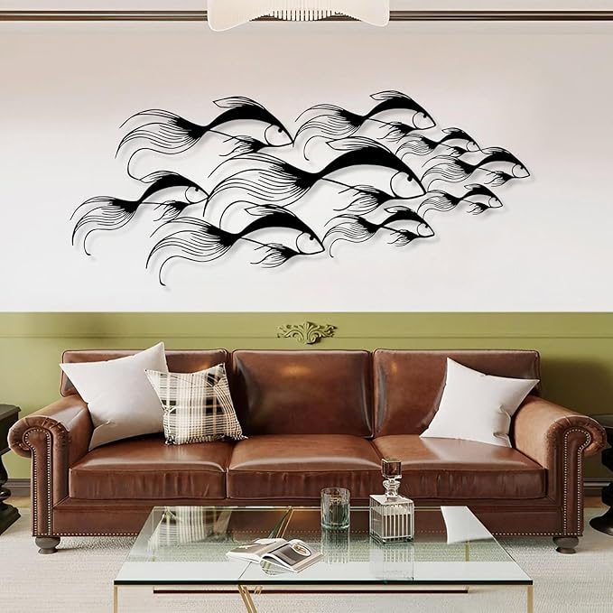 School of Fish Metal Wall Art, Metal Fish Wall Decor, Sea Life Wall Art, Large Nautical Wall Hanging, Modern Beach House Wall Decor, Ocean Themed Artwork for Bathroom (Black, 48"x20" | 121x51cm)