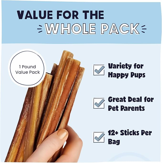Pawstruck All-Natural 9" Bully Sticks for Dogs - Long Lasting, Rawhide-Free, Low Odor & Grain-Free Dental Chew Treat - Healthy Single Ingredient, 100% Real Beef - 1 lb Bag