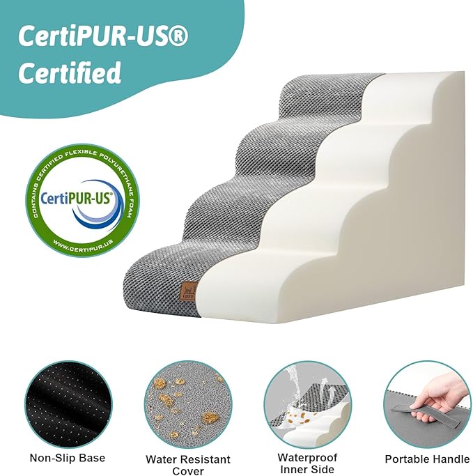 Dog Stairs for Small Dogs 19.7" H, Curved Dog Step for Puppy, Older or Cat, Medium Pet Ramp for Sofa, Couch or Bed, Ladder with High Density Foam, 15.7x28.3x19.7 inch, 4 Step, Grey