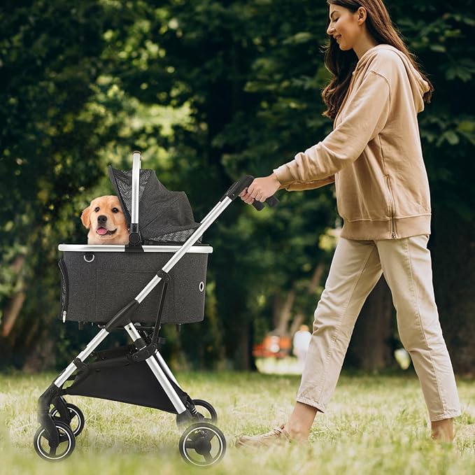 MoNiBloom Pet Stroller for Small/Medium Dogs w/Detachable Carrier & Lightweight Aluminum Frame, Folding Jogging Travel Stroller, Dark Gray