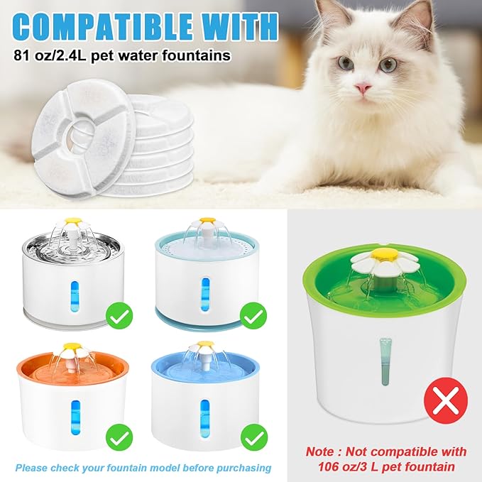 Cat Water Fountain Filter, 12 Pcs Replacement Cat Fountain Filters, 3-Filtration System Round Carbon Cats Filters Compatible with 81oz/2.4L Round Automatic Pet Fountain Water Dispenser