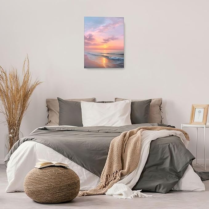 Beach Sunset Wall Art Ocean Coastal Scenery Wall Decor Seascape Picture Canvas Landscape Painting Print Framed Artwork Decorations for Living Room Office Bedroom Kitchen 16"x20"