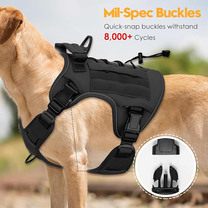 Heavy-Duty Tactical Dog Harness for Large Dogs, No Pull Adjustable Reflective Pet Vest with Molle System, K9 Military-Grade Control for Service Training, Outdoor & 10+ Breeds, Black, X-Large