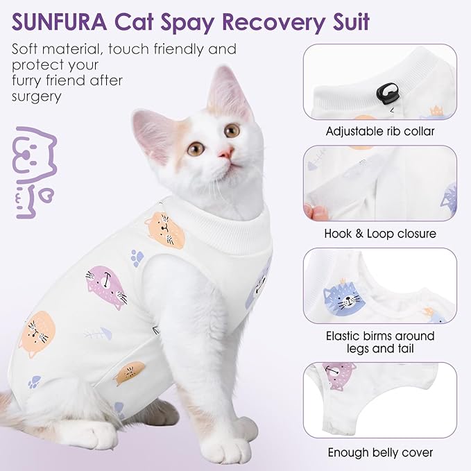 SUNFURA Cat Recovery Suit, Kitten Surgical Full Bodysuit for Abdominal Wound Protector Anti Licking After Surgery, Professional Bandages Cone E-Collar Alternative for Small Male & Female Pets