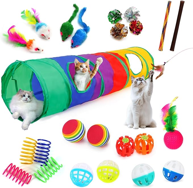 iCAGY 25-Piece Cat Toys Kit with Rainbow Tunnel - Interactive Cat Toy Bundle for Indoor Cats, Kitten Playtime Variety Set Includes Feather Teaser, Springs, Balls, Mice & Noise Toys