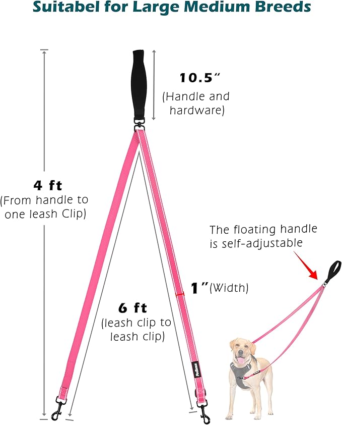 PetBonus Two Point Control Dog Leash, Works with No Pull Harnesses, No Tangle Training Leashes, Soft Padded and Reflective Walking Lead, Converts to Single Lead for Medium Large Dogs (Pink)
