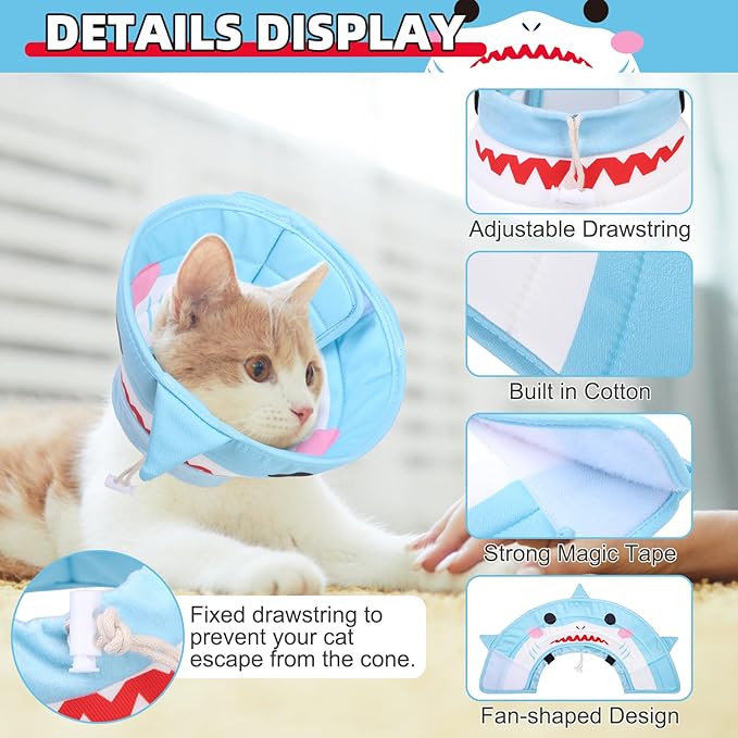 KOOLTAIL Cat Cone Collar, Adjustable Soft Comfortable Cat Recovery Collar to Stop Licking, Foldable Donut Water Resistant Pet Cone for Small Large Cats Kittens After Surgery Shark M