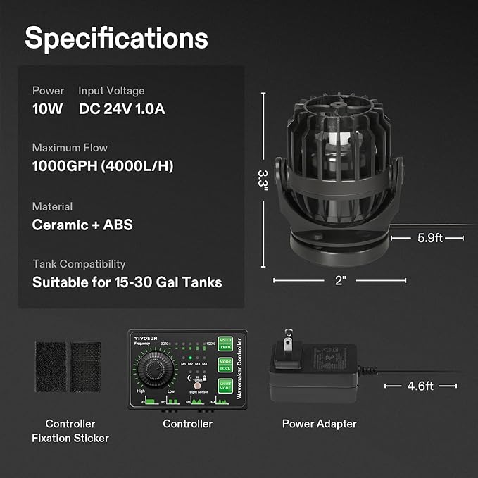VIVOSUN Aquarium Wave Maker, 1000GPH Circulation Pump with Controller & Magnetic Suction Base, Adjustable Submersible Powerhead for 15-30 Gal Freshwater/Saltwater Fish Tank, 10W