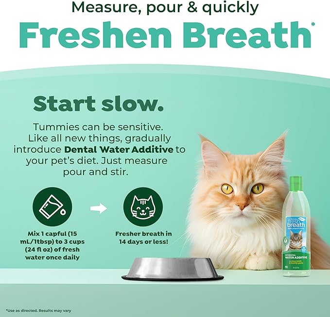 TropiClean Fresh Breath Water Additive for Cats, Cat Teeth Cleaning and Breath Freshener Solution, Complete No Brushing Dental Care, 16 oz.