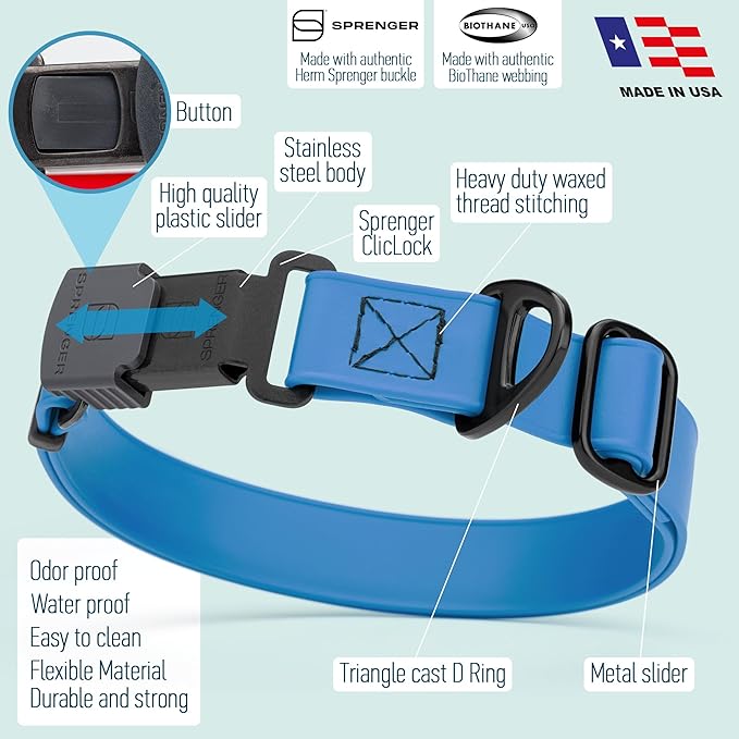 Dogline Biothane Waterproof Dog Collar with Herm Sprenger Black Stainless Steel Quick Release Buckle – Heavy Duty Tactical Durable Collar for Dogs – Comfortable and Safe Pet Collar W3/4" L12-19 Blue