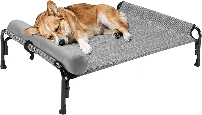 Veehoo Medium Elevated Dog Bed, Outdoor Raised Dog Cot Hammock Bed with One-Sided Removable Headrest Bolster, Cooling Breathable Washable Teslin Mesh, Off Ground, Anti-Slip, M, CWC2204BCP