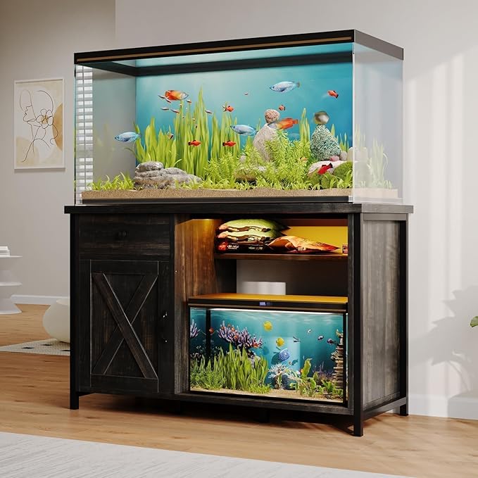 4ever2buy 55 Gallon Fish Tank Stand with LED Light & Power Outlets, 55-75 Gallon Aquarium Stand with Drawer & Barn Door, Cabinet for Fish Tank Accessories Storage for Reptile Tank, Turtle Tank, Oak