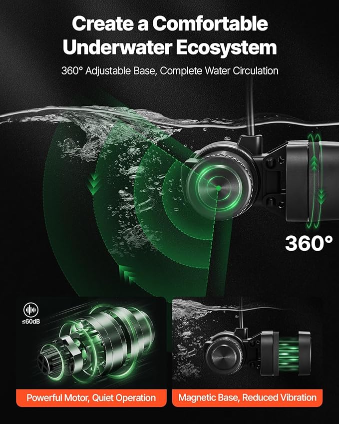 VEVOR Aquarium Wave Maker, 25W, 2380 GPH Adjustable Cross Flow Pump with Controller, Magnetic DC 24V Aquarium Powerhead, Strong Magnetic Base, 360° Rotating Wavemaker, for Saltwater Marine Freshwater