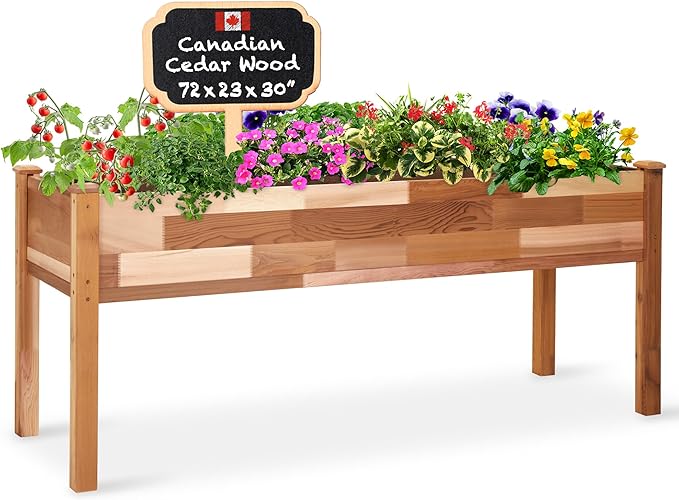 Jumbl Raised Canadian Cedar Garden Bed | Elevated Wood Planter for Growing Fresh Herbs, Vegetables, Flowers, Succulents | 72x23x30”