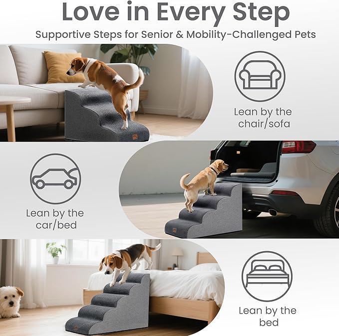 GoGoBunny Waterproof High Density Foam Curved Dog Stairs for High Beds Couches 19.7" H, 4-Step Ramp Dog Steps Friendly to Small Medium Dogs or Pets Joints, Non-Slip Balanced Durable Pet Step, Grey