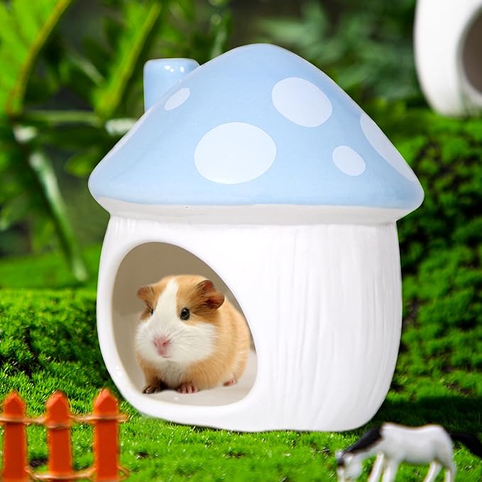 Ceramic Mushroom Hamster Hideout - Hamster Habitat for Hamsters Chinchillas Hedgehogs and Gerbils Mouse Small Pet Guinea Pigs House Hamster Bed (Blue)