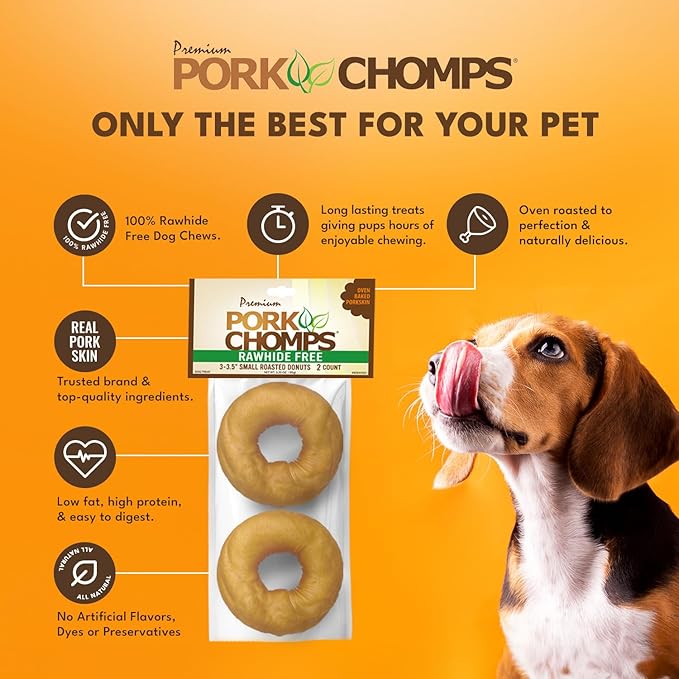 Pork Chomps Roasted Pork Skin Dog Chews, 3-inch Donuts, 2 Count (Pack of 2)